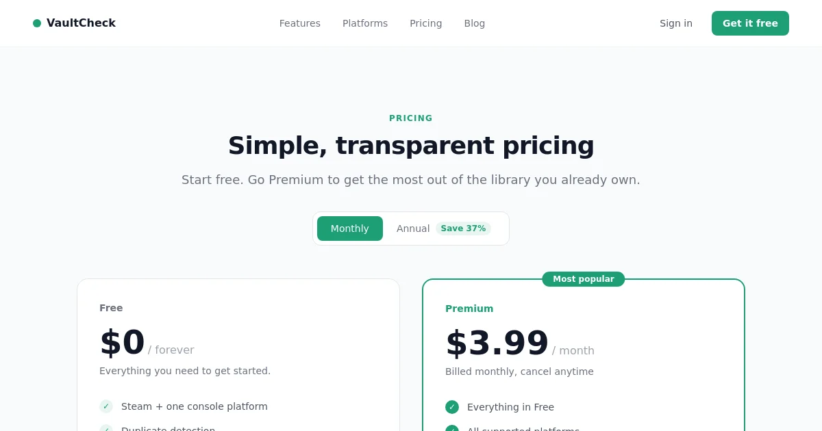 Vaultcheck pricing page