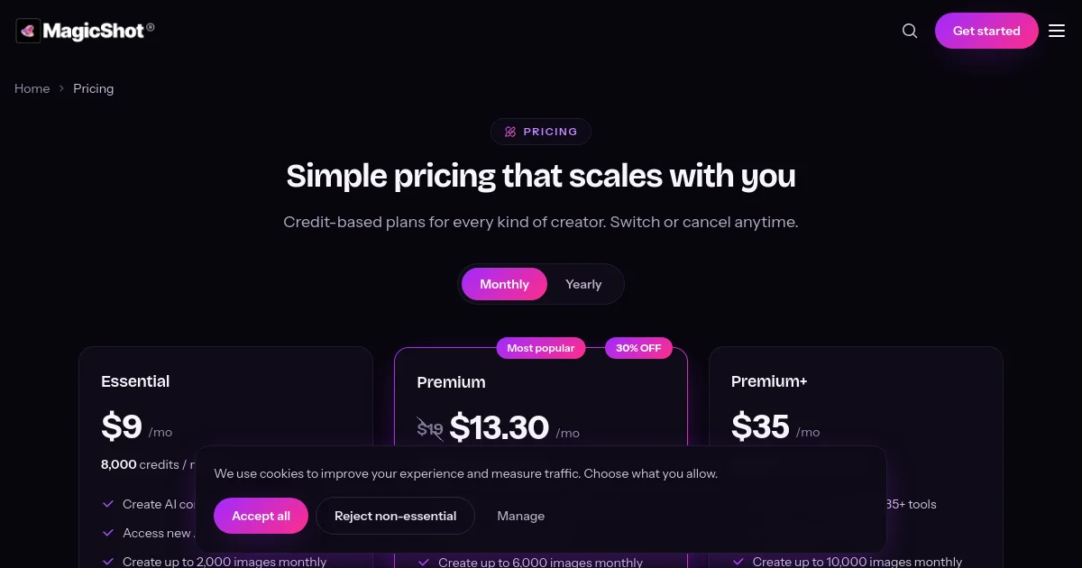 MagicShot pricing page