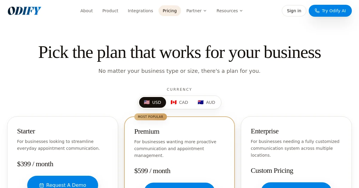 Odify pricing page
