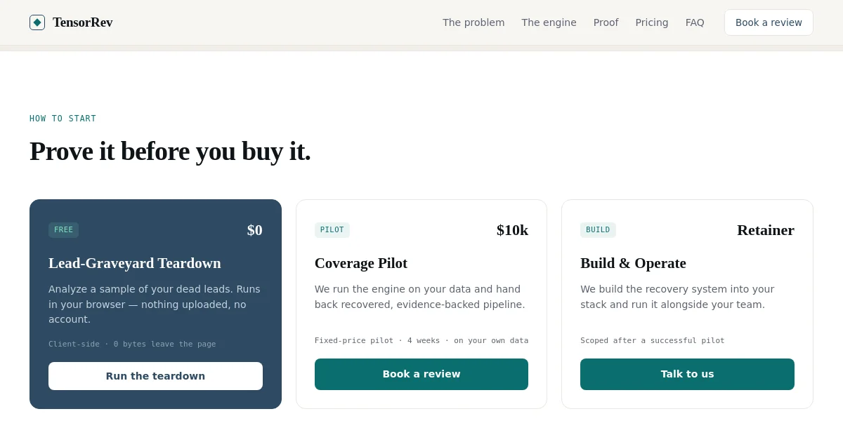 Tensorrev pricing page