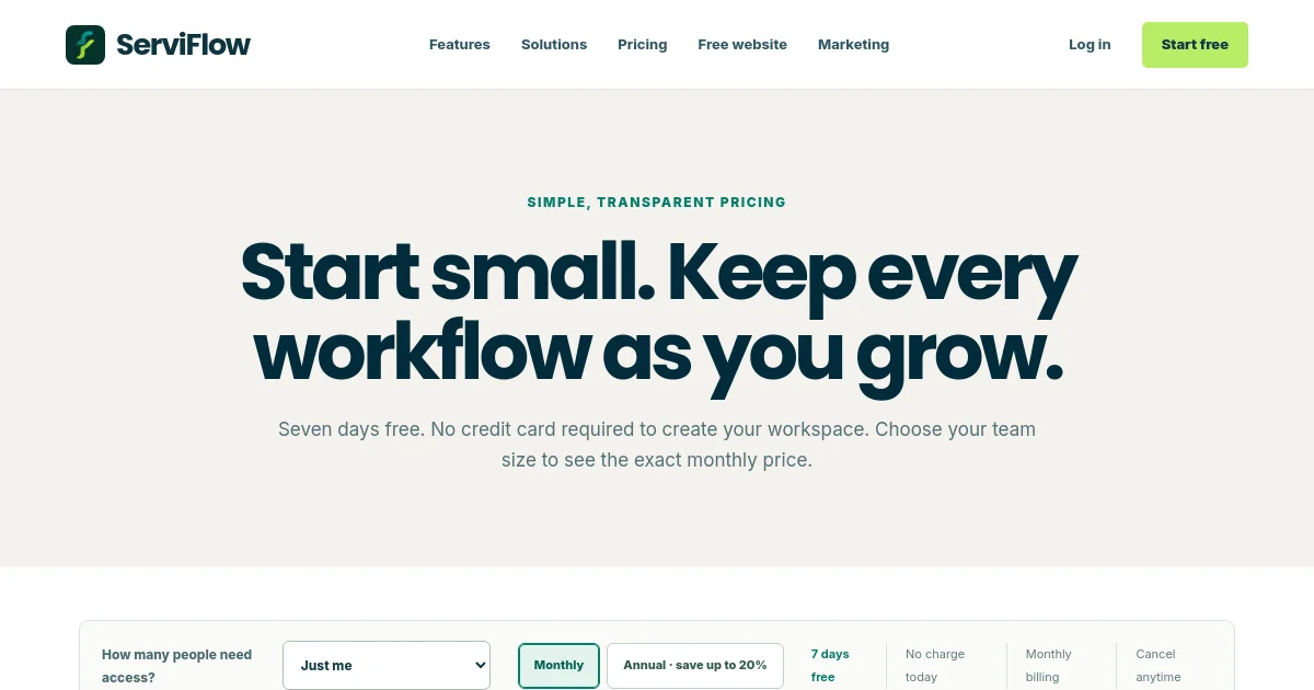 Serviflow pricing page