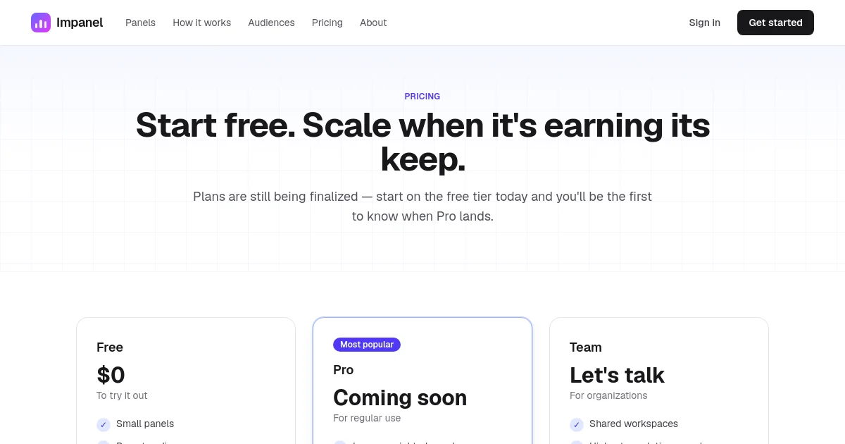Impanel pricing page