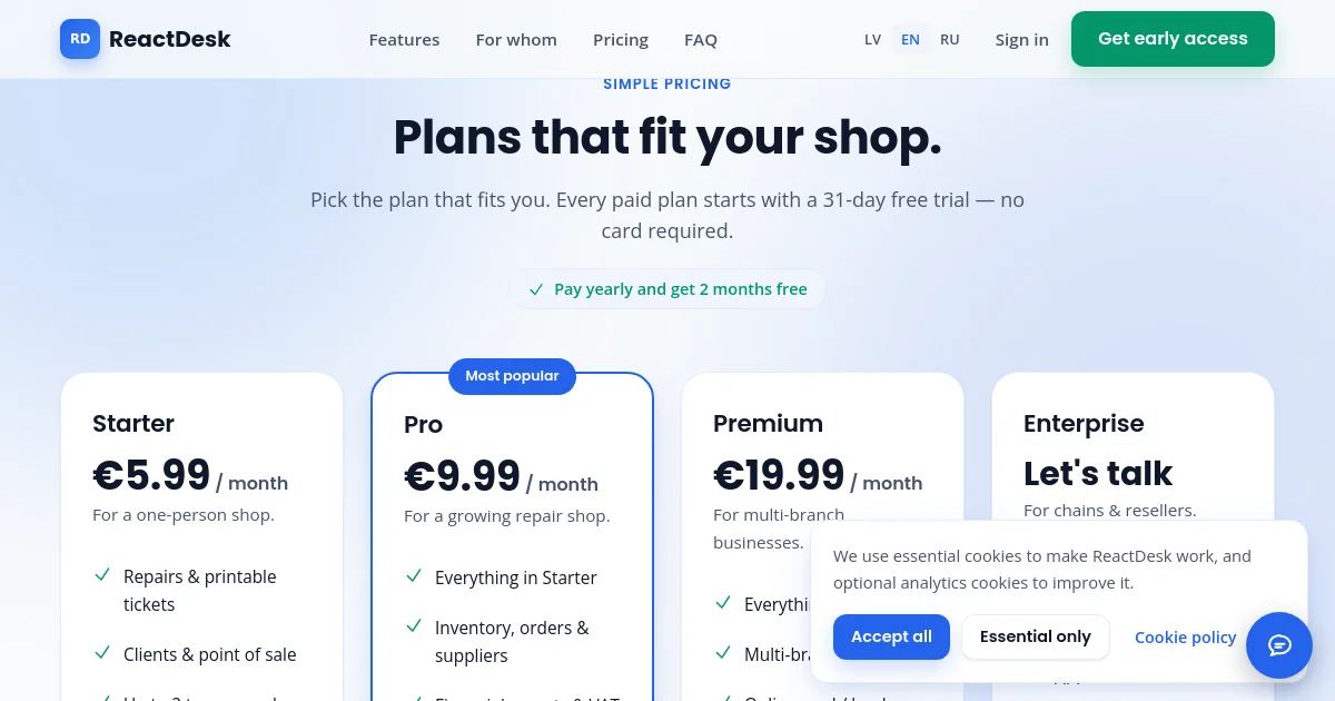 Reactdesk pricing page