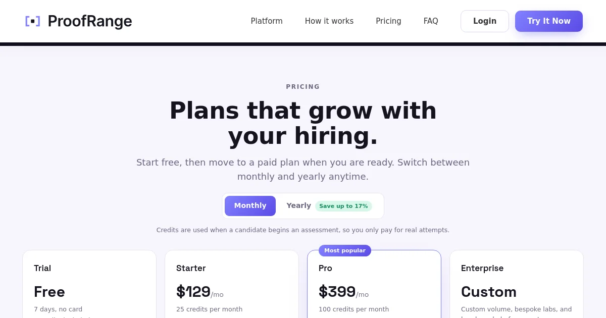 Proofrange pricing page