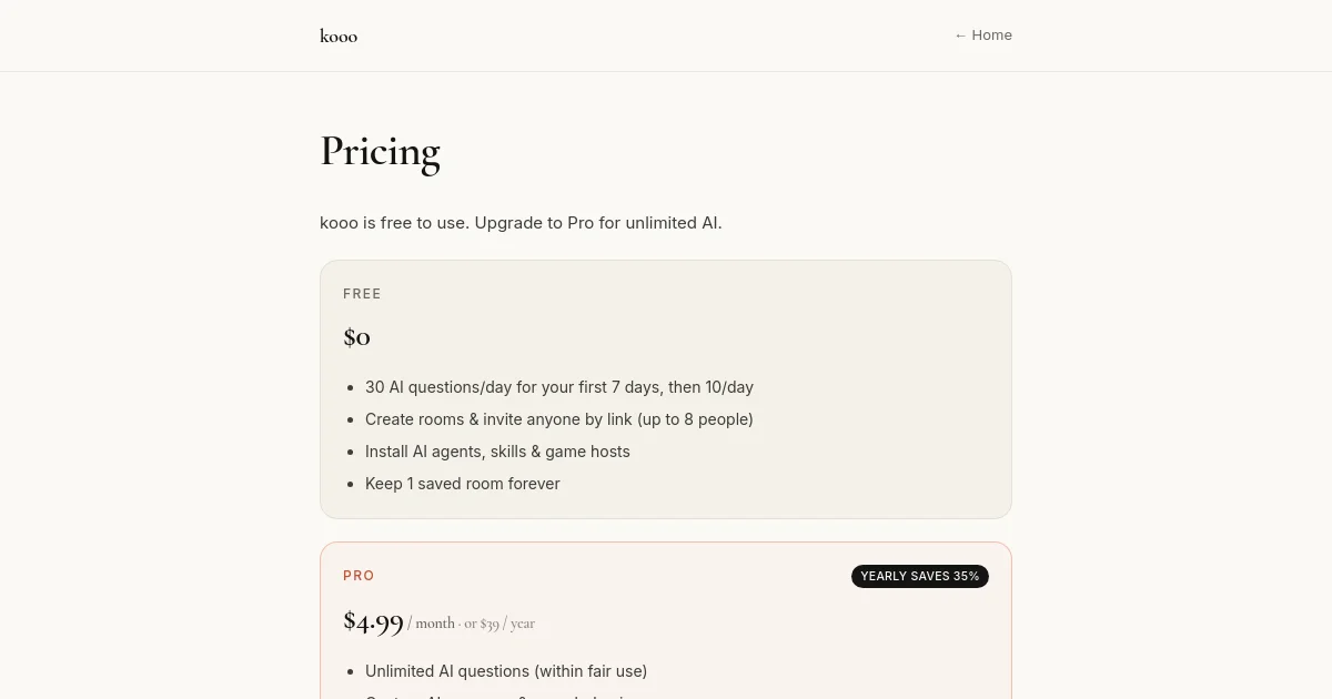 Kooo pricing page