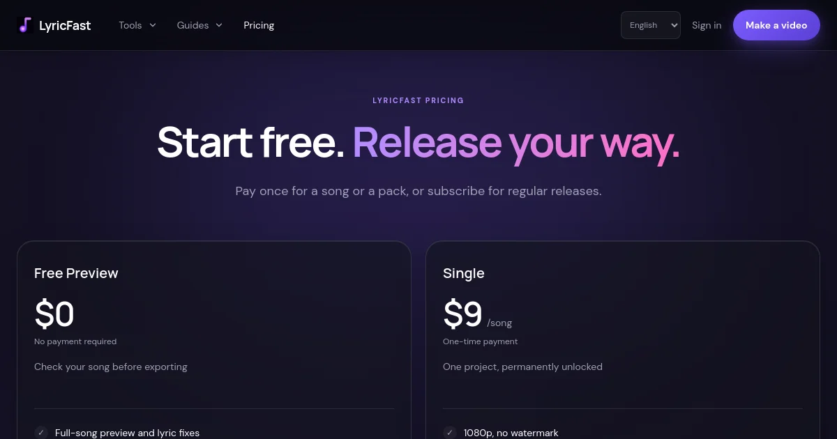 LyricFast pricing page
