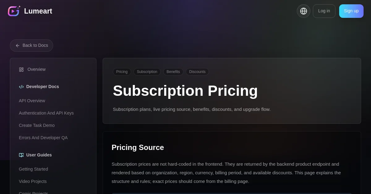 Lumeart pricing page
