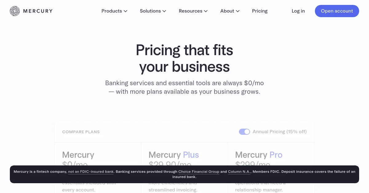 Mercury Technologies, . pricing page