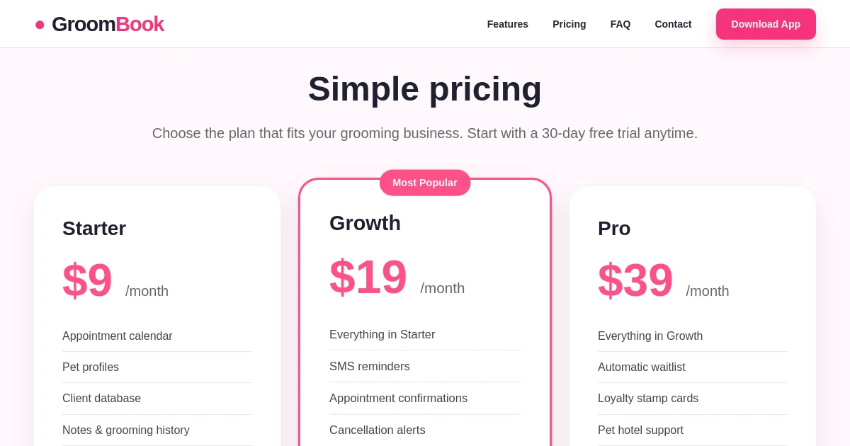 Groombook pricing page