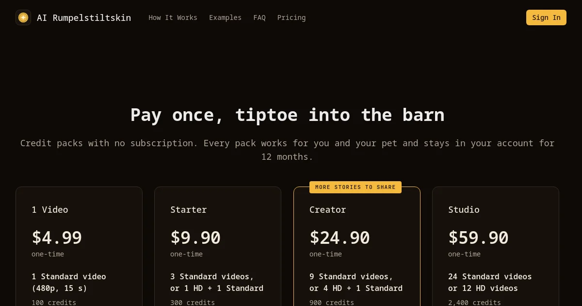 AI Rumpelstiltskin pricing page
