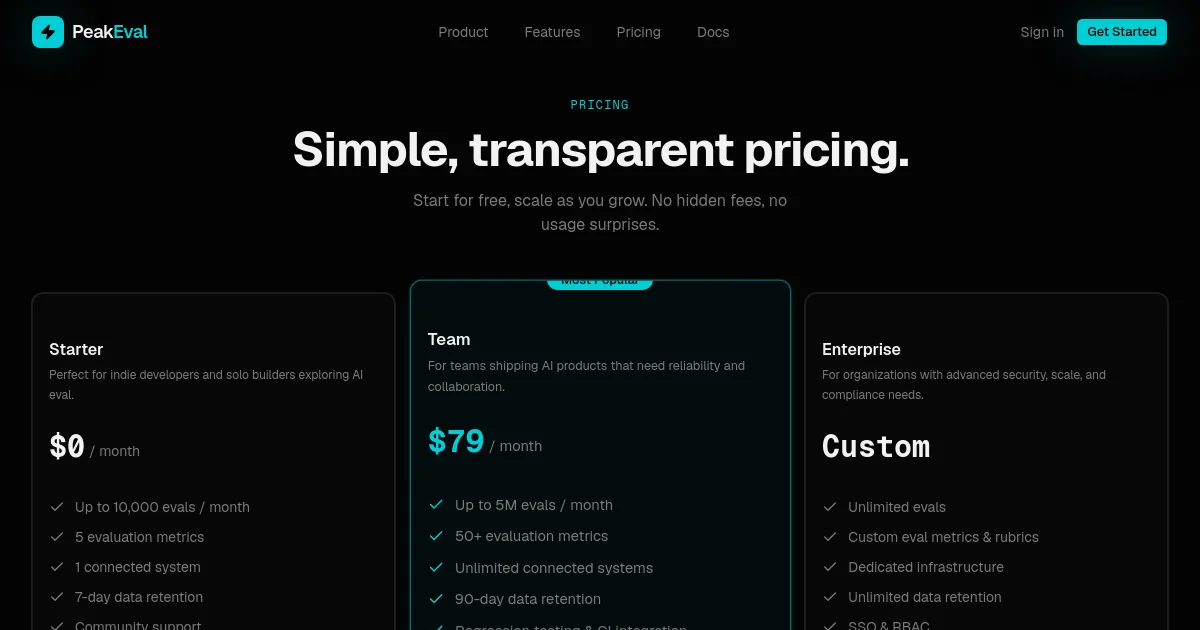 Peakeval pricing page