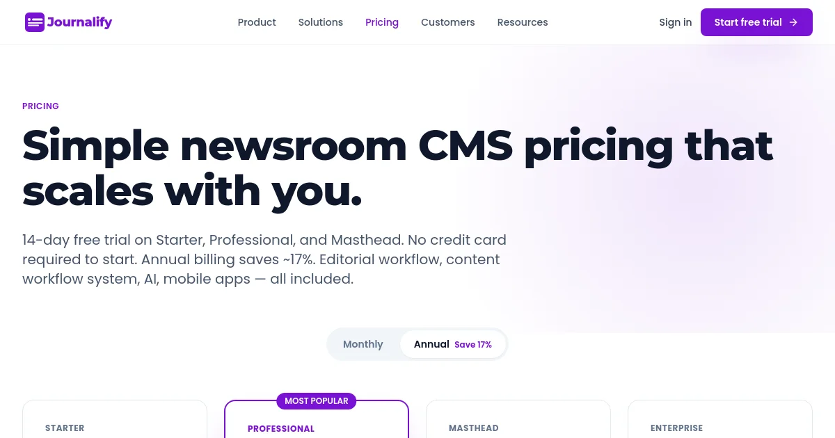 Journalify pricing page