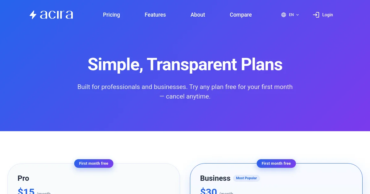 Acira AI pricing page