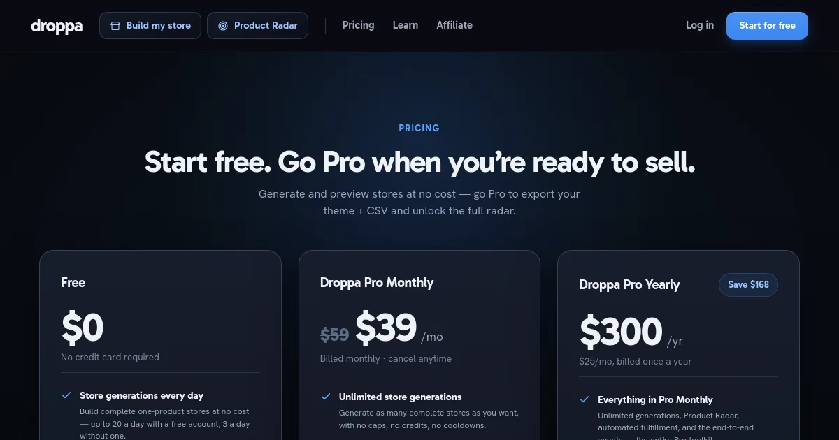 Droppa pricing page