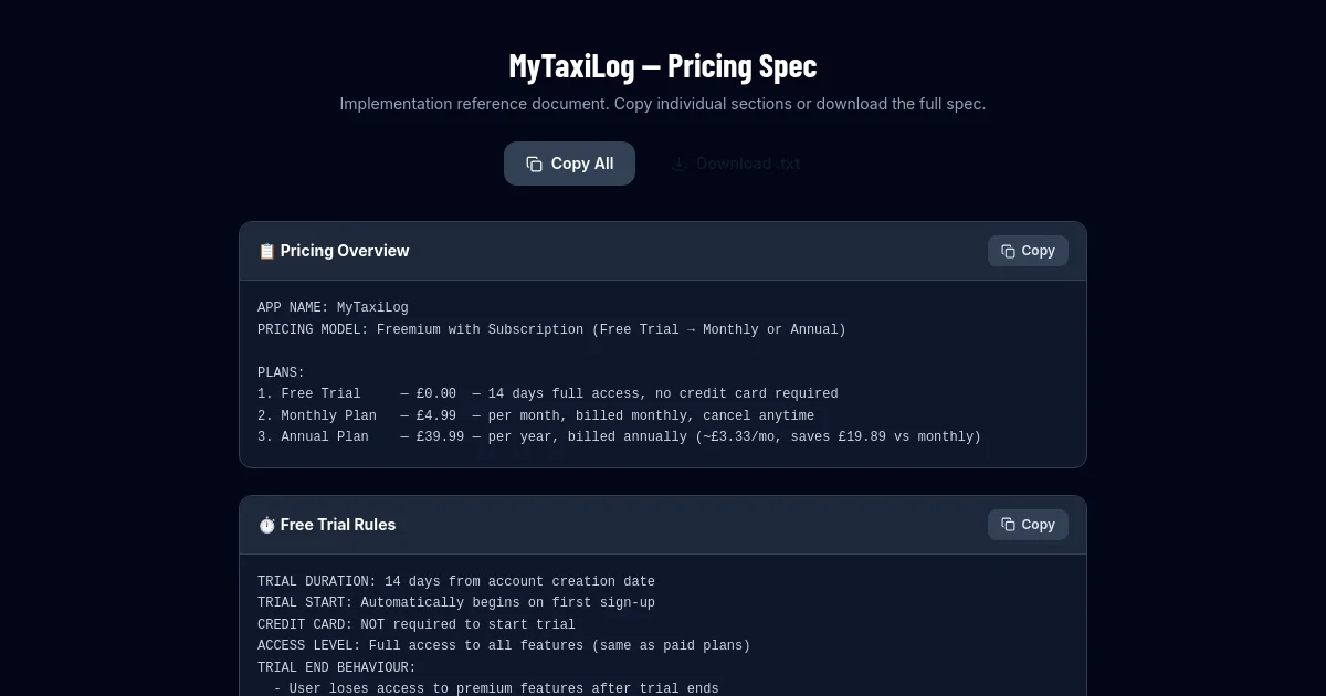 My Taxi Log pricing page