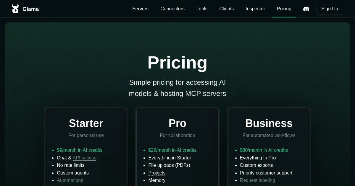 Glama pricing page