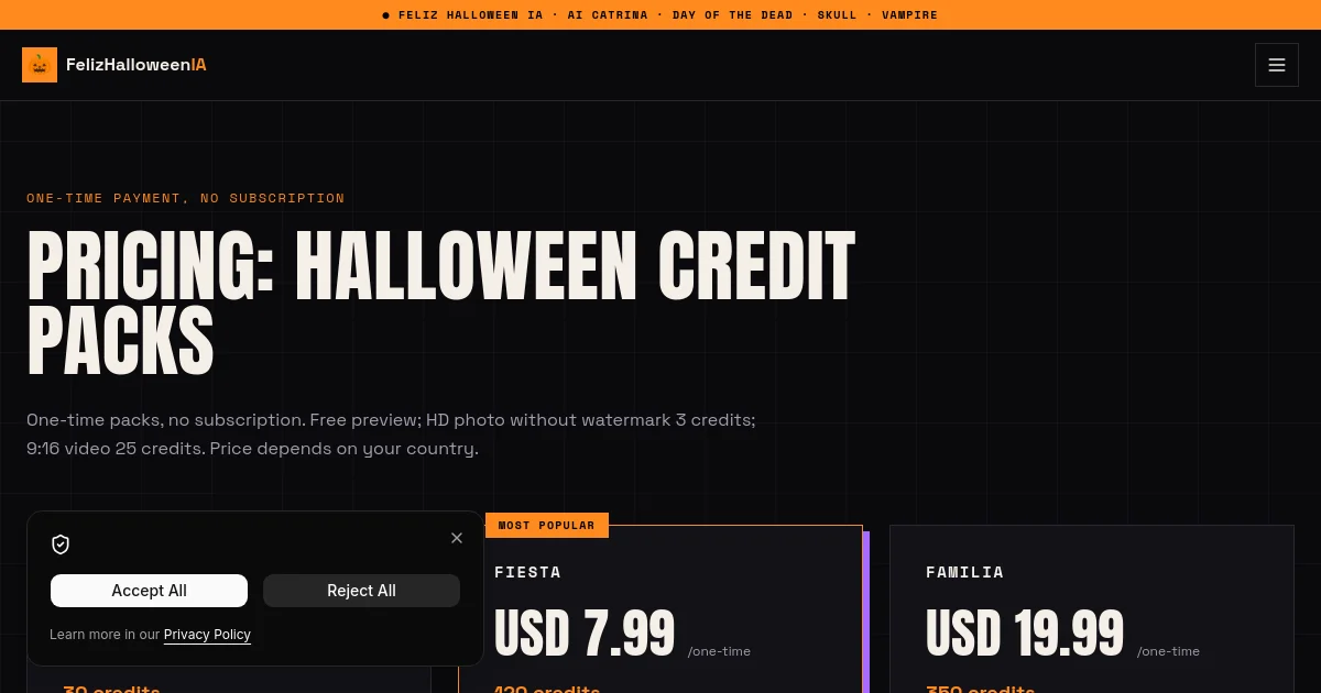 Feliz Halloween IA pricing page
