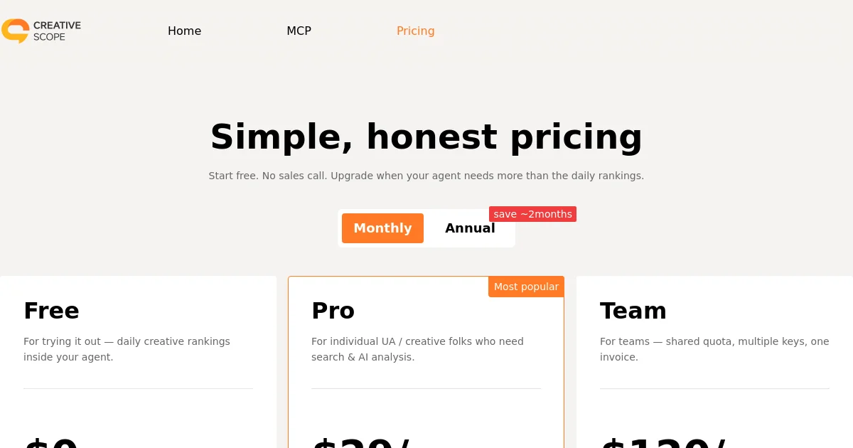 Creativescope pricing page