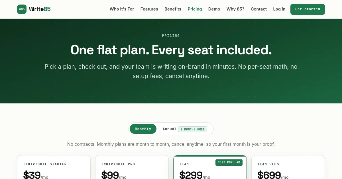 Right85 pricing page
