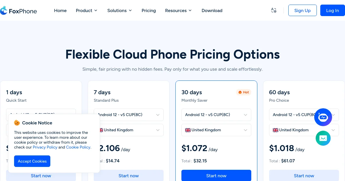 FoxPhone pricing page