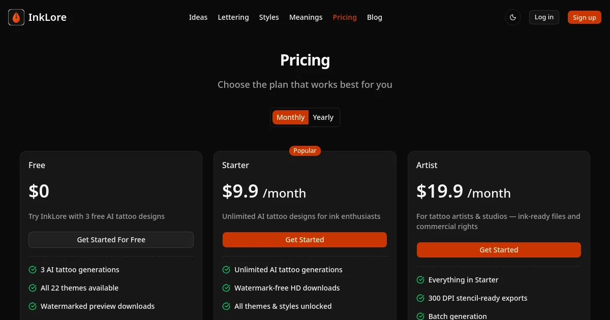 Inklore pricing page