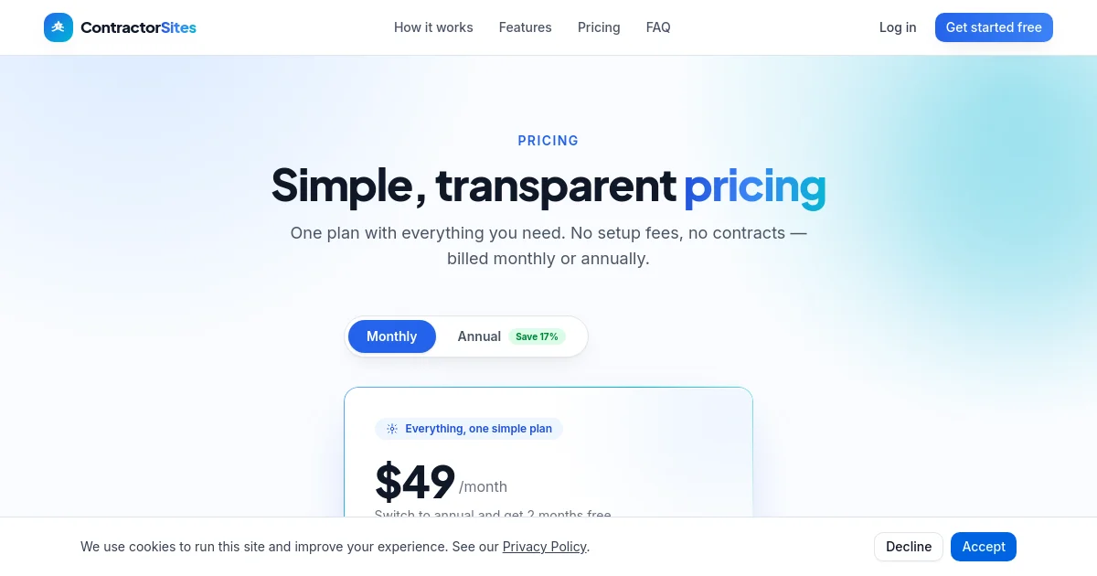 Contractorsites pricing page