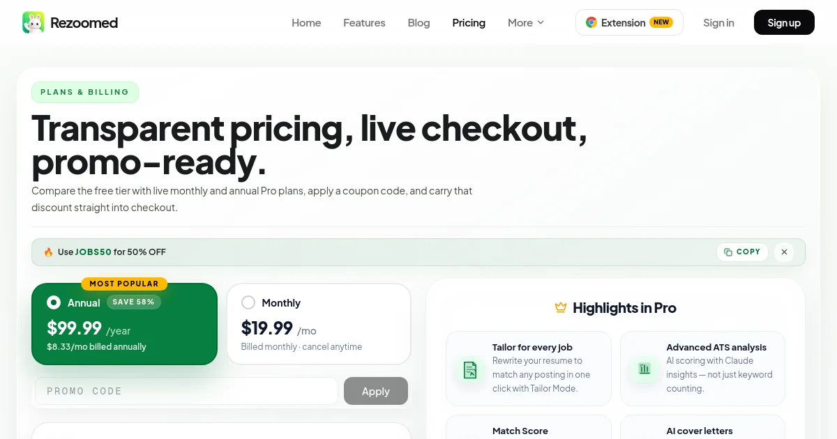Rezoomed pricing page