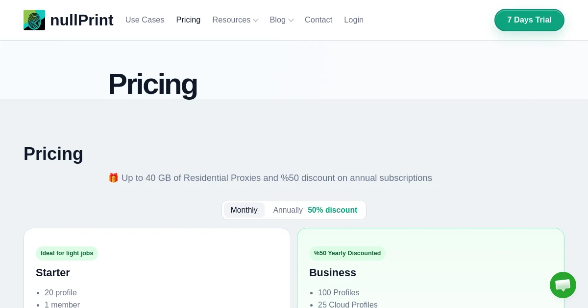 NullPrint pricing page