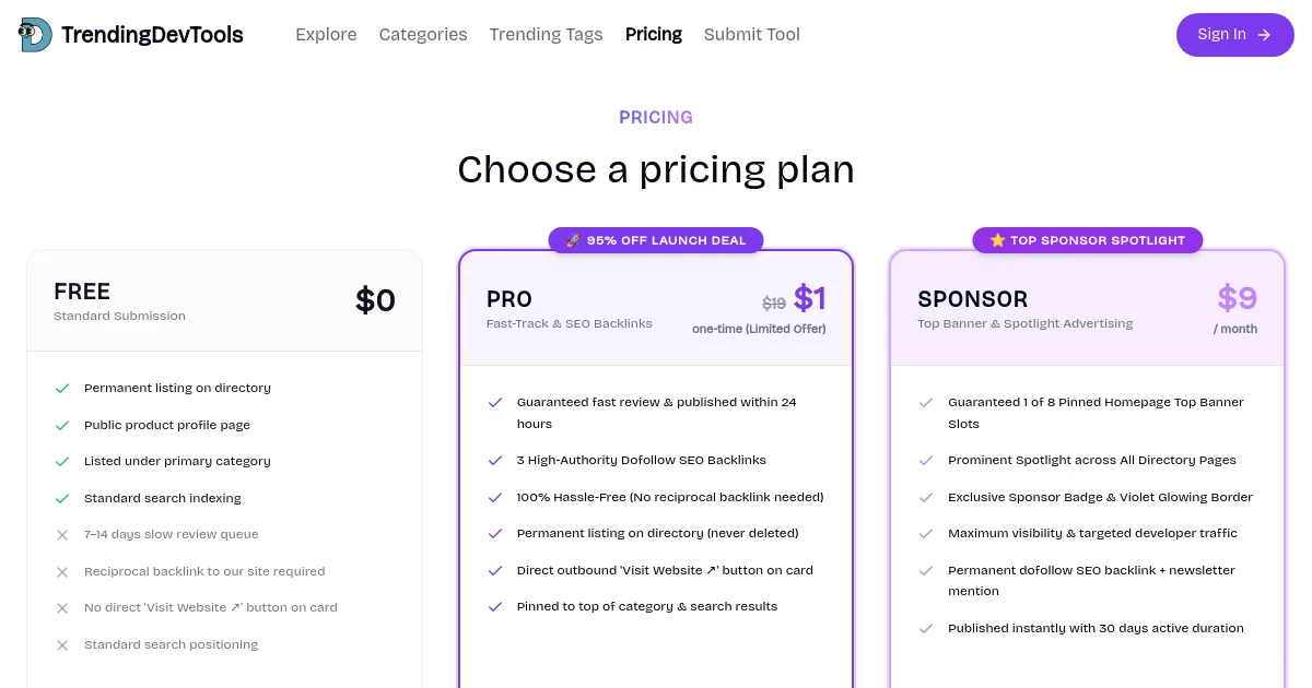 TrendingDevTools pricing page