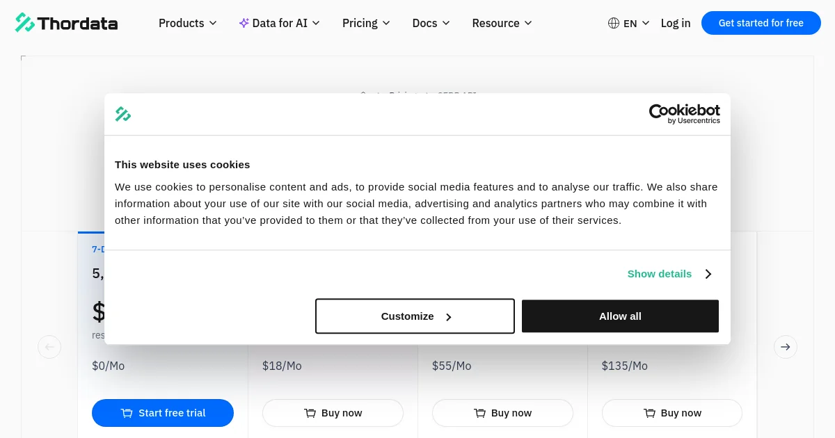 Thordata pricing page