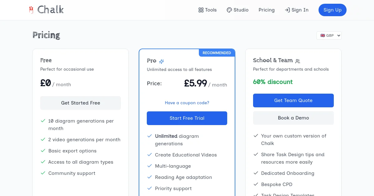 Chalk Learning pricing page