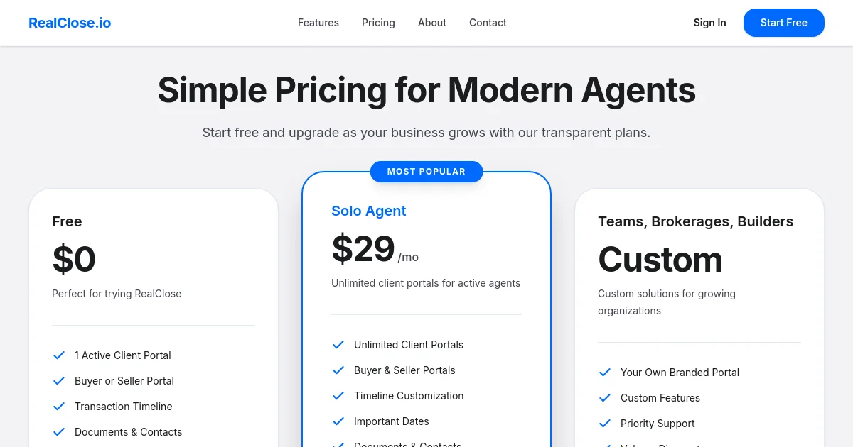 Realclose pricing page