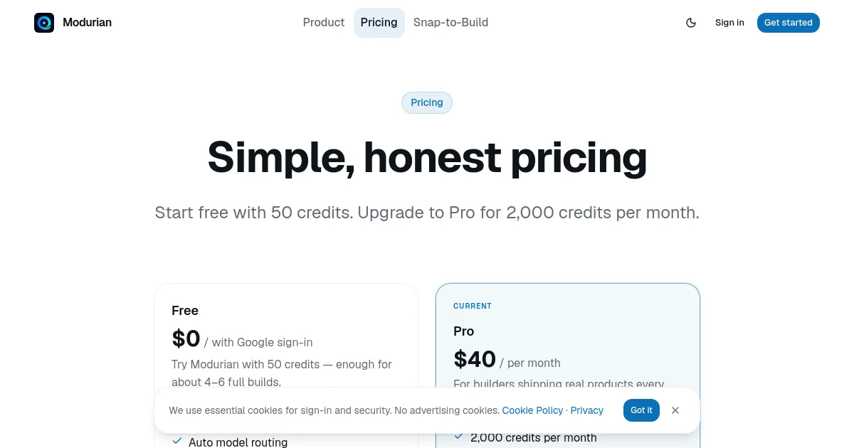 Modurian pricing page