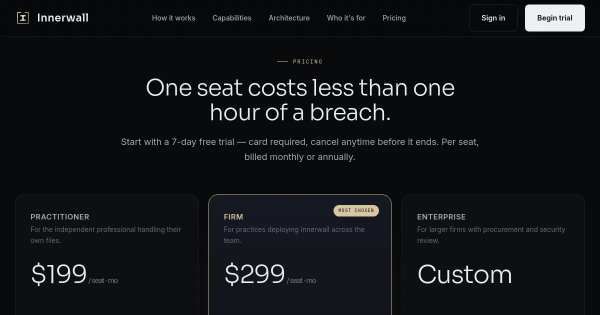 Innerwall pricing page