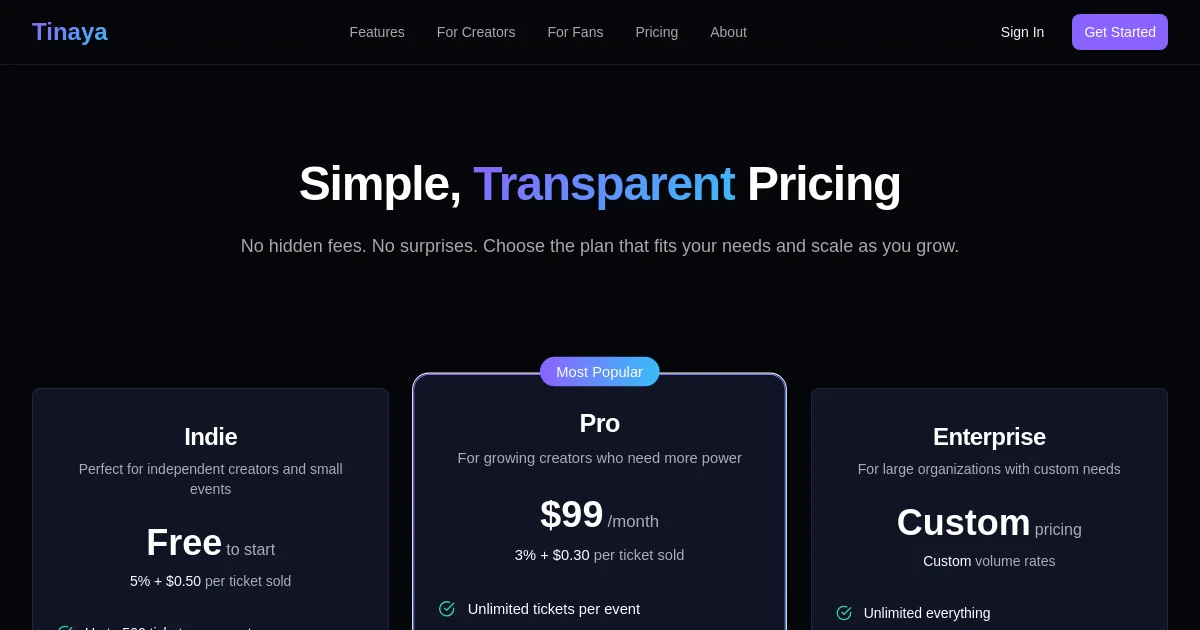 Tinaya pricing page