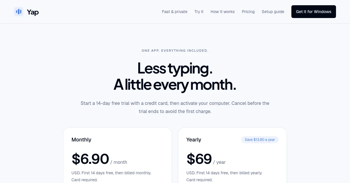 Yap pricing page