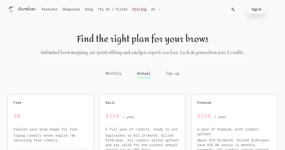 Browlens pricing page