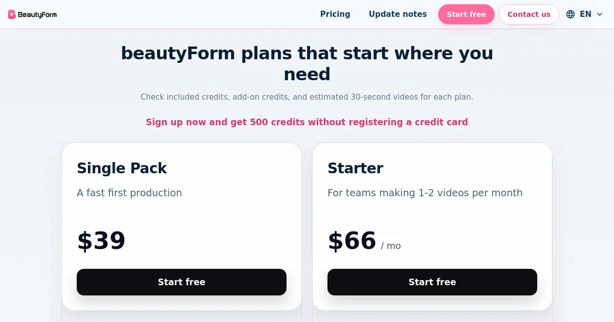 Beautyform pricing page