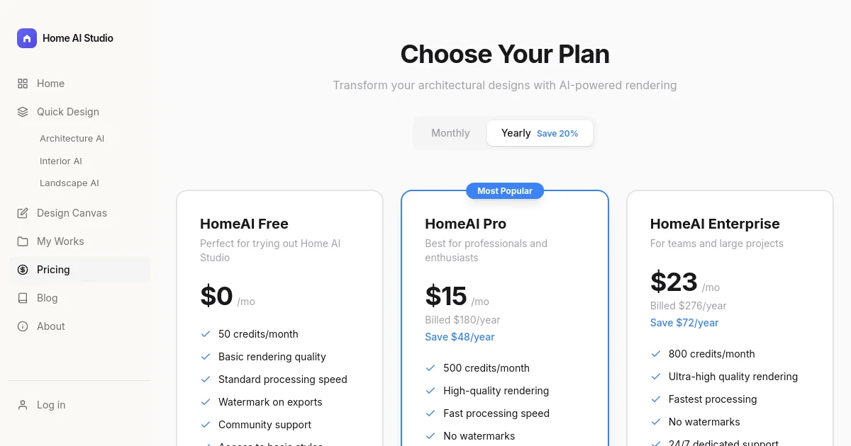 Home AI Studio pricing page