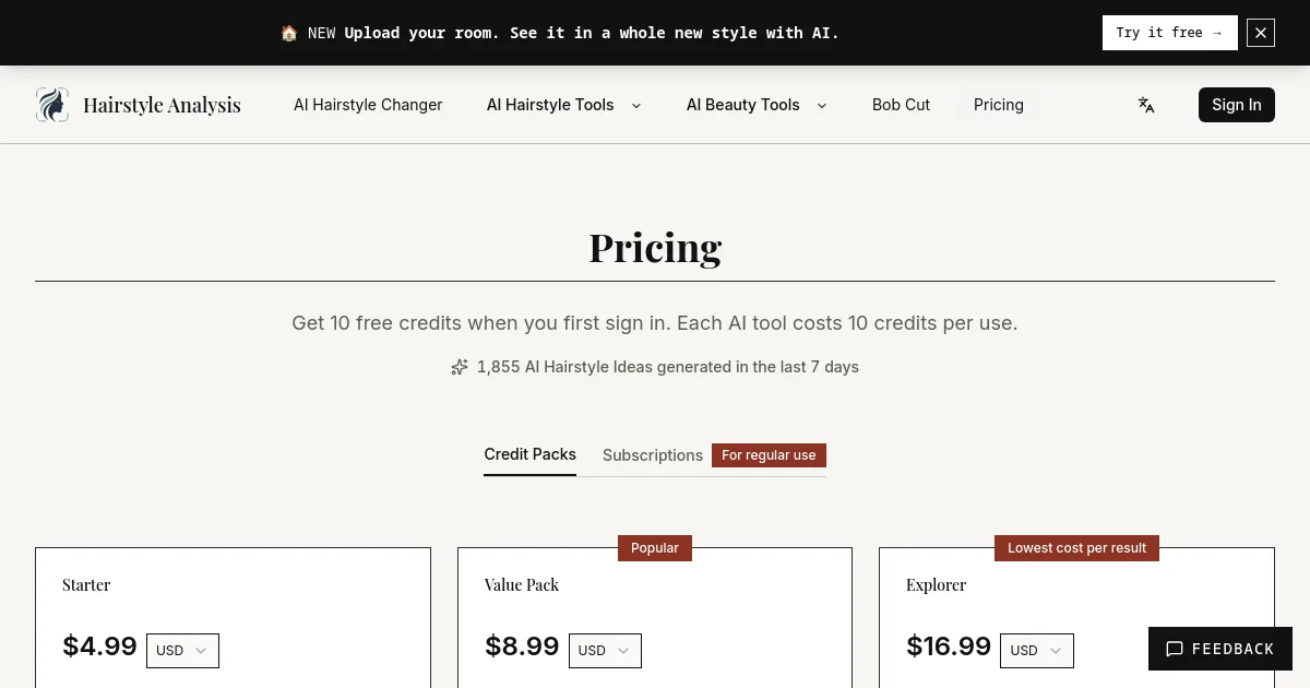 Hairstyle Analysis pricing page