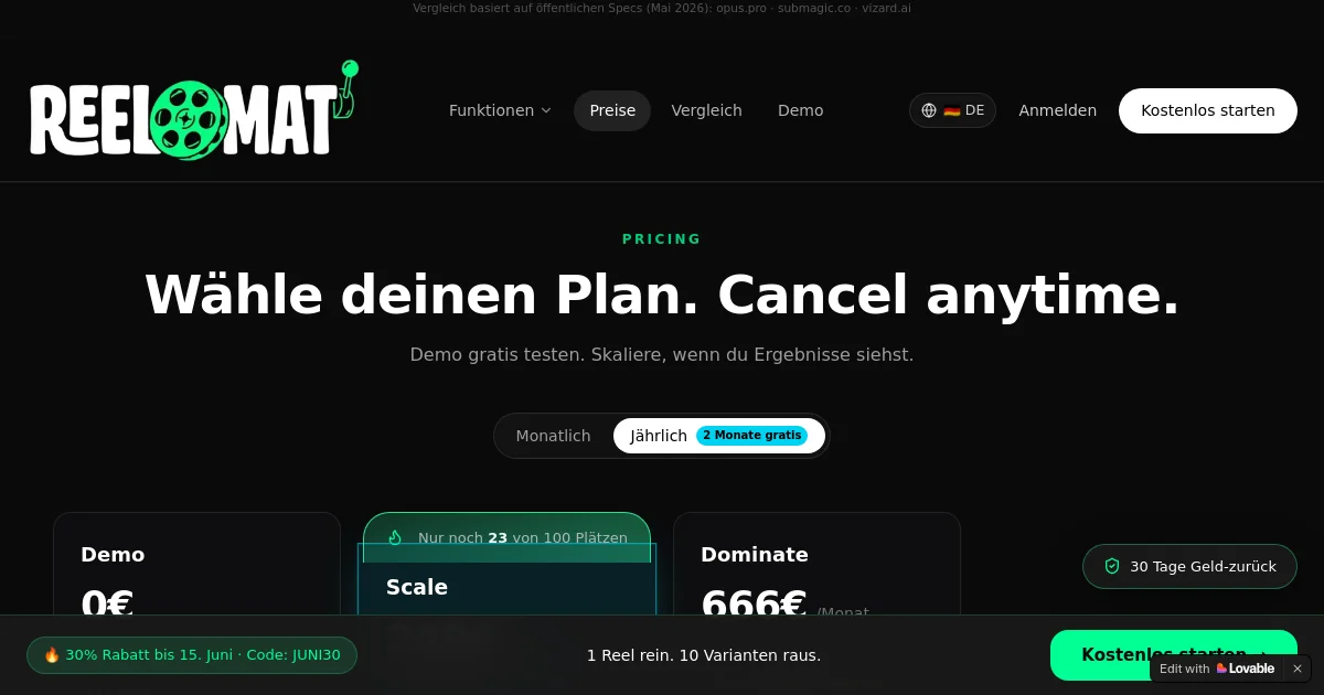 Reelomat pricing page