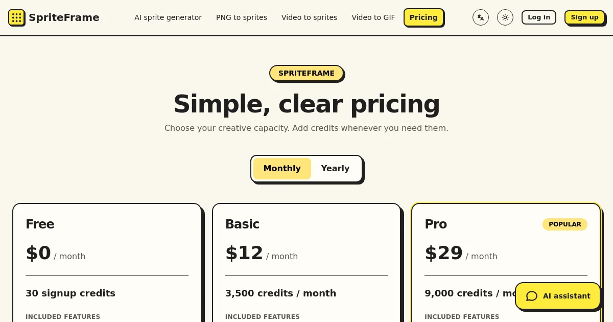 SpriteFrame pricing page