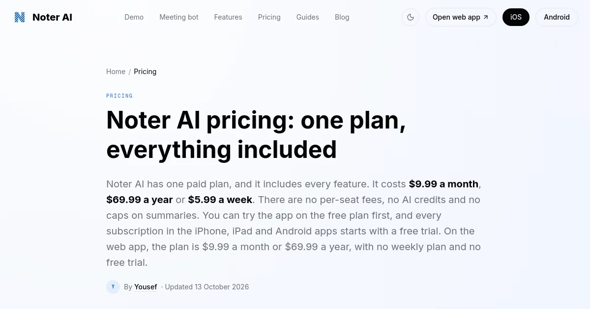 Noter AI pricing page
