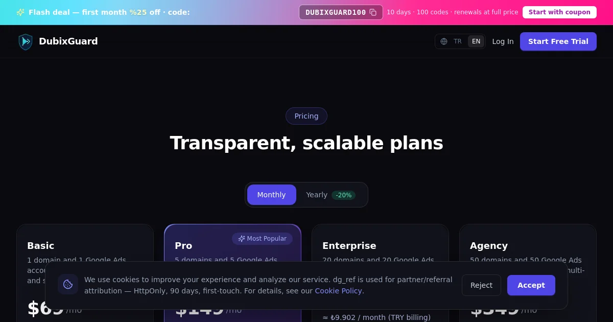 Dubixguard pricing page