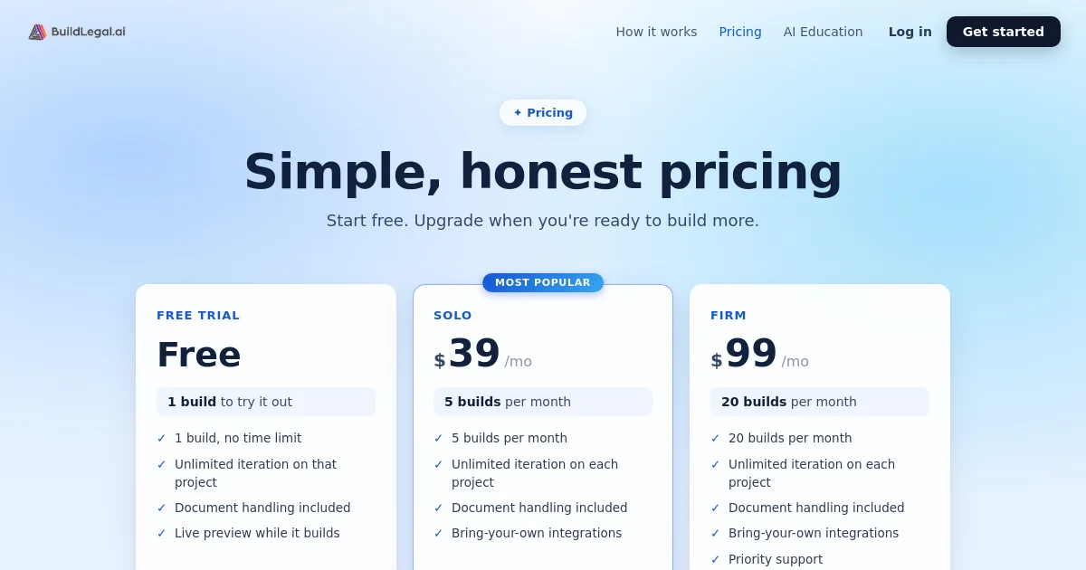 Buildlegal pricing page