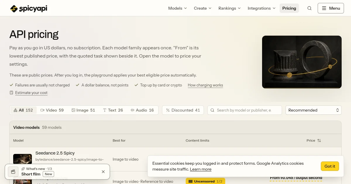 SpicyAPI pricing page