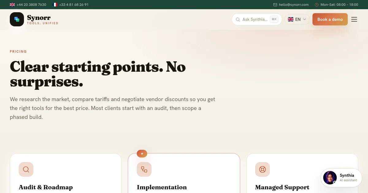 Synorr pricing page
