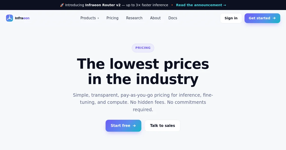 Infraeon pricing page