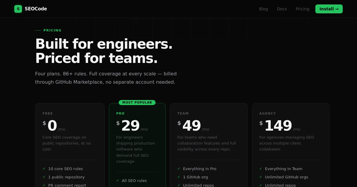 Seocode pricing page