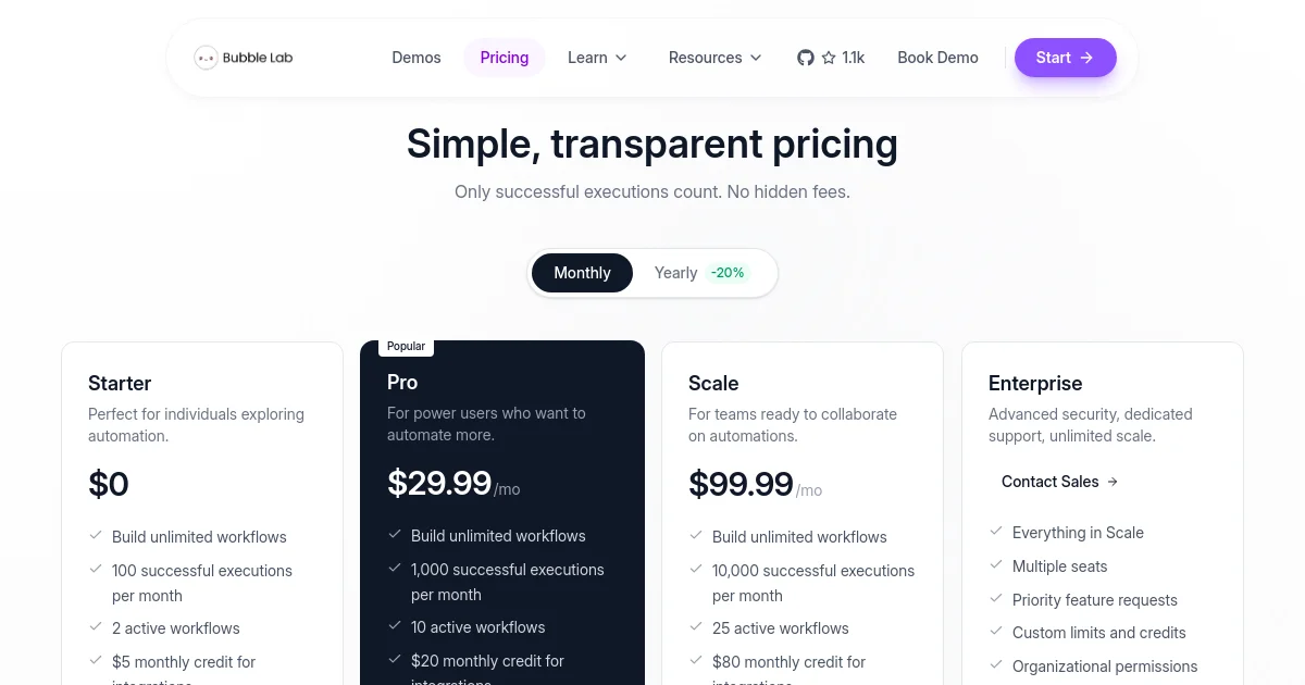 Bubble Lab pricing page